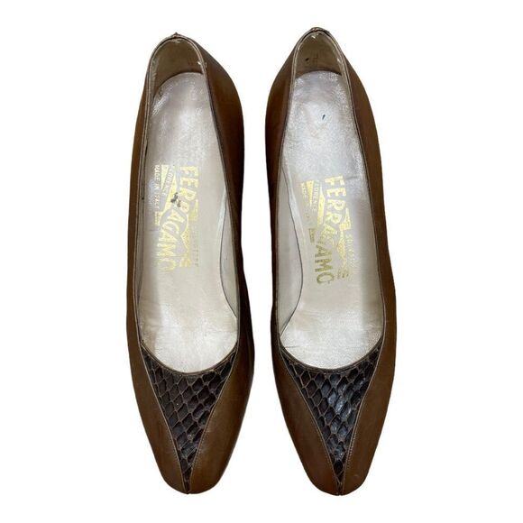 Salvatore Ferragamo Womens Lattice Snake Designer Brown Pump 3” Heels Size 5 B - Picture 1 of 12